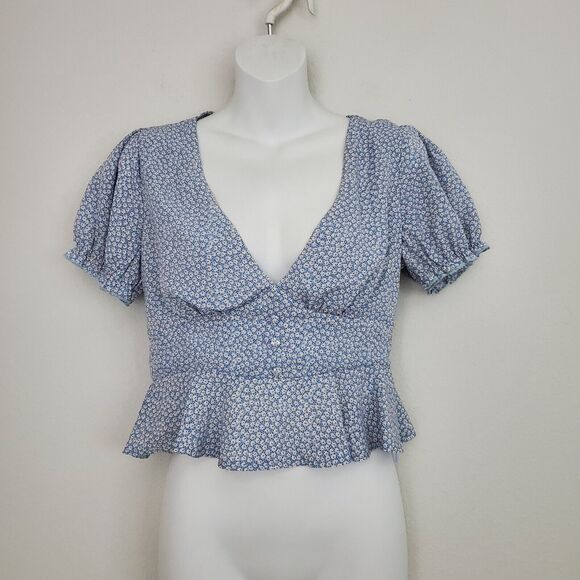 Princess Polly Women's Babydoll Top 4 Blue Floral Jamia Peplum Milkmaid Cottage - Picture 1 of 9